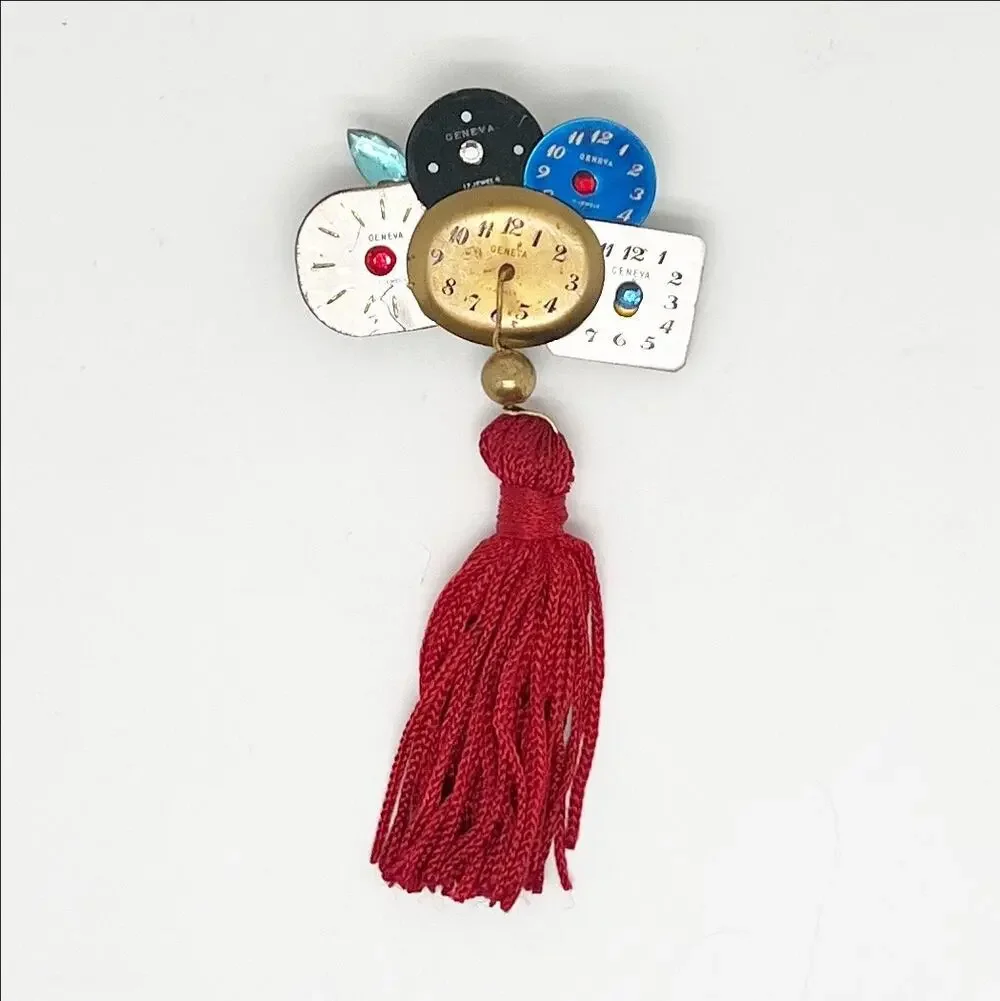 🔥 Vintage Multicolor Clocks With Red Hanging Tassel Brooch Pin
